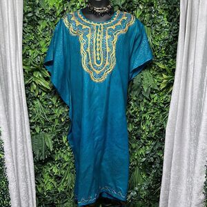 MEETU Dress Women Plus‎ Size Teal Blue African Kaftan Embroidered Accent 2543